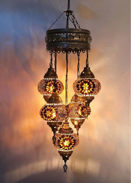 Lampada a sospensione turca a 5 luci in vetro mosaico marrone - lampada da soffitto orientale con 5 sfere