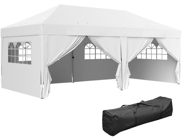 Outsunny Gazebo da giardino esterno gazebo pieghevole 3 x 6 m con 6 pareti laterali, sacca per il trasporto inclusa, bianco