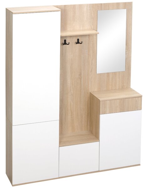 Mobile da Ingresso 4 in 1 con Specchio 145x29x184 cm in Truciolato Bianco e Legno Naturale