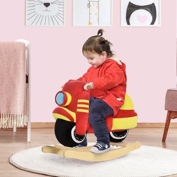 Dondolo per Bambini in Legno Moto in Peluche 60x25,5x48 cm con Suoni Rosso e Giallo