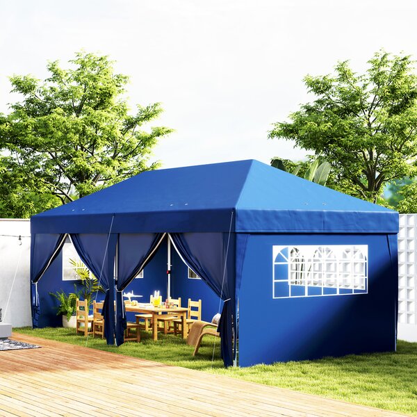 Outsunny Gazebo da giardino esterno gazebo pieghevole 3 x 6 m con 6 pareti laterali, sacca per trasporto inclusa, blu