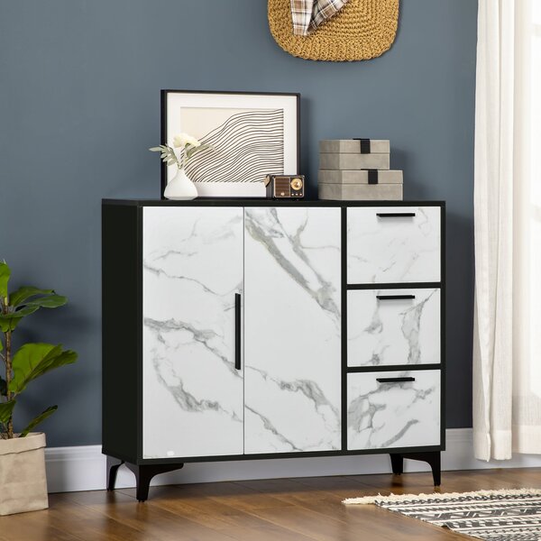 Mobile Dispensa 2 Ante 3 Cassetti 90x30x80 cm in MDF e Acciaio Bianco e Nero