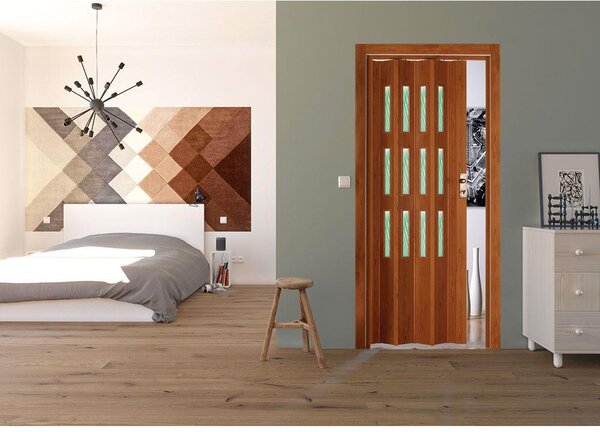 Porta a Soffietto da Interno 88,5x214 cm in PVC con Vetro Florance Ciliegio