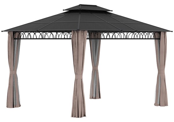 Outsunny Padiglione da giardino con tetto in policarbonato 4 pareti laterali anti-UV zanzariere 4 x 3 m