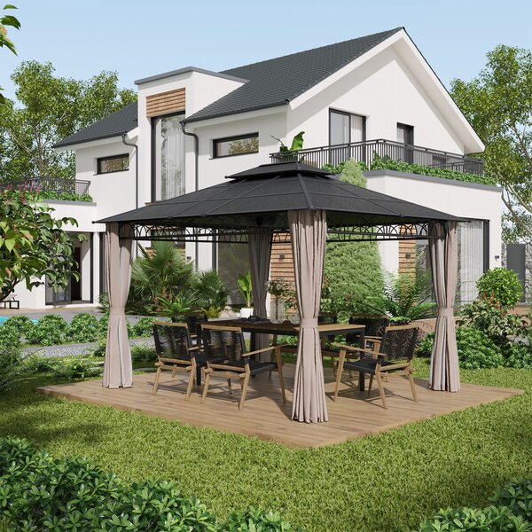 Outsunny Padiglione da giardino con tetto in policarbonato 4 pareti laterali anti-UV zanzariere 4 x 3 m