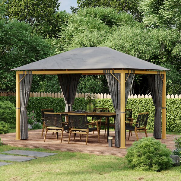 Outsunny Pergola rettangolare da giardino con tende e tetto in poliestere 4 x 3 m - struttura in alluminio