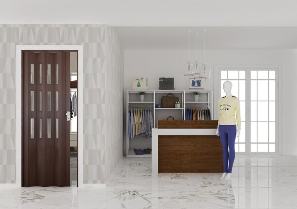 Porta a Soffietto da Interno 88,5x214 cm in PVC con Vetro Florance Noce Mansonia