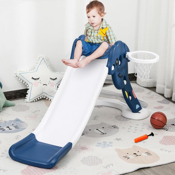 Scivolo per Bambini 146x68x68 cm con Canestro e Pallone Basket Blu e Bianco