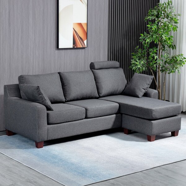 Divano 3 Posti con Poggiapiedi e Cuscini in Tessuto di Lino Grigio Scuro 194x80x86 cm