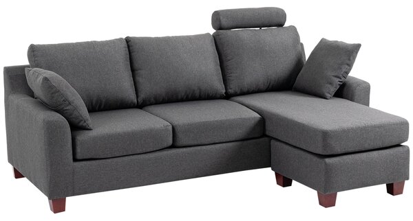 Divano 3 Posti con Poggiapiedi e Cuscini in Tessuto di Lino Grigio Scuro 194x80x86 cm