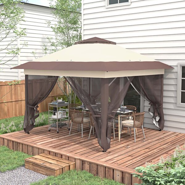 Outsunny Gazebo gazebo da giardino pop-up pieghevole acciaio poliestere zanzariere + sacca da trasporto a ruote kaki marrone