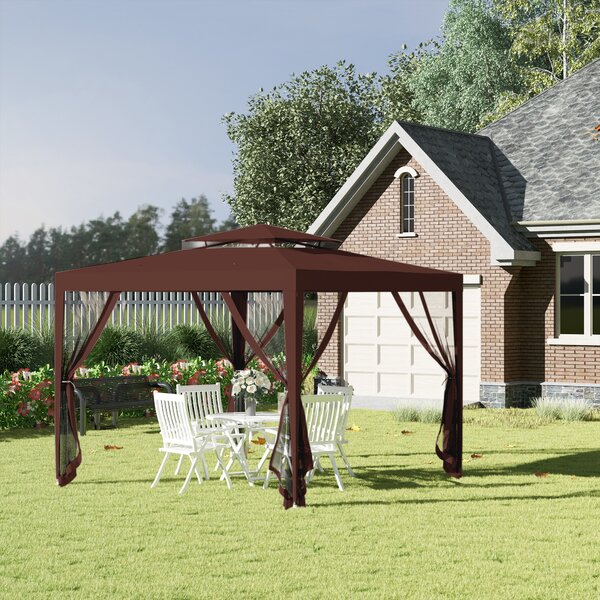 Outsunny Gazebo da giardino 3L x 3l m con 4 zanzariere rimovibili - tetto doppio - marrone