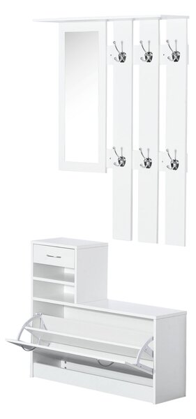 Mobile d'Ingresso Moderno Guardaroba Set Appendiabiti Specchio e Scarpiera 3 in 1 in Legno Bianco