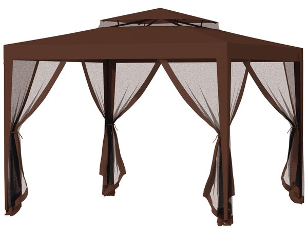 Outsunny Gazebo da giardino 3L x 3l m con 4 zanzariere rimovibili - tetto doppio - marrone