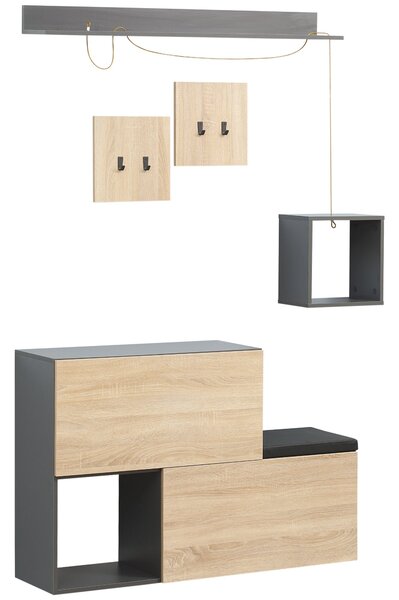 Set Mobile da Ingresso con Attaccapanni Scarpiera con Panca e Scaffale Grigio e Naturale