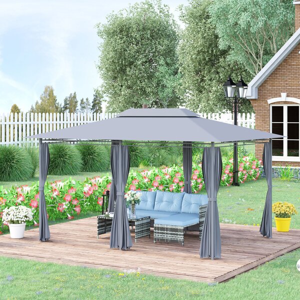 Outsunny Gazebo padiglione da giardino in stile coloniale con tetto doppio e tende laterali amovibili 3L x 4l x 2,8H m grigio