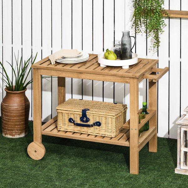 Carrello Portavivande da Giardino 95x47x74 cm con 2 Ripiani e Portabottiglie in Legno