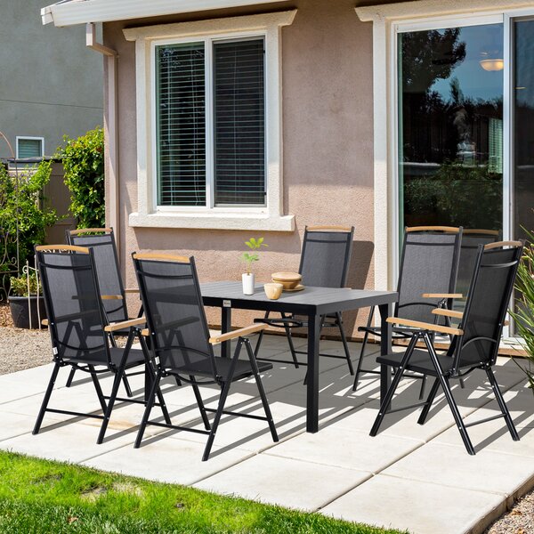 Outsunny Set da giardino esterno per 6 persone, telaio in alluminio, tavolo 140 cm, 6 sedie pieghevoli e reclinabili, nero