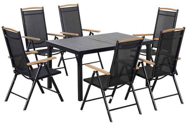 Outsunny Set da giardino esterno per 6 persone, telaio in alluminio, tavolo 140 cm, 6 sedie pieghevoli e reclinabili, nero