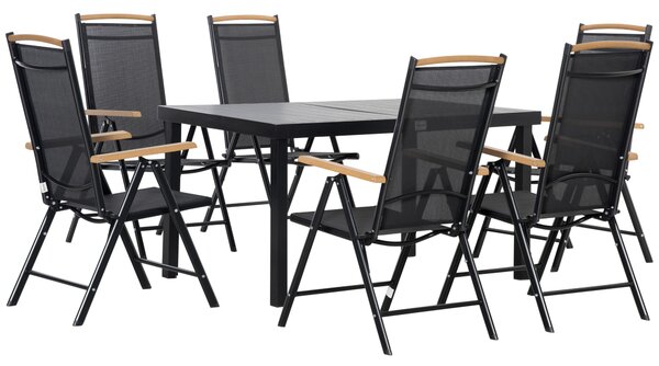 Outsunny Set da giardino esterno per 6 persone, telaio in alluminio, tavolo 140 cm, 6 sedie pieghevoli e reclinabili, nero