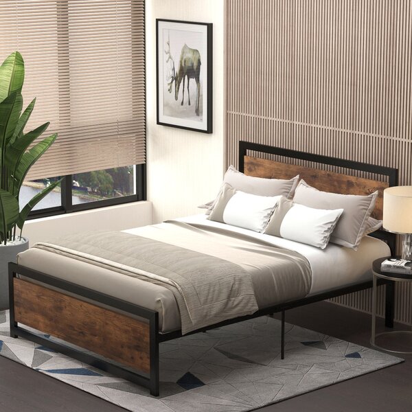 Struttura Letto Una Piazza e Mezzo 140x200 cm in Acciaio con Doghe Integrate Nero e Marrone Rustico