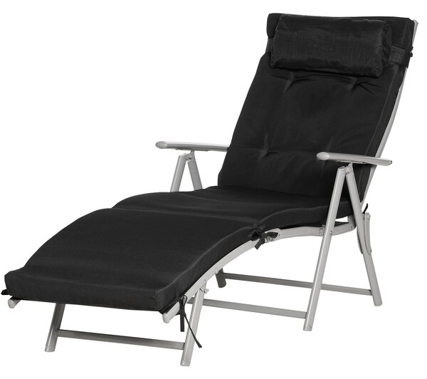 Outsunny Lettino Prendisole Pieghevole con Schienale Reclinabile 7 Posizioni Poltrona Relax con Materasso + Braccioli Metallo Epossidico Textilene Poliestere Nero