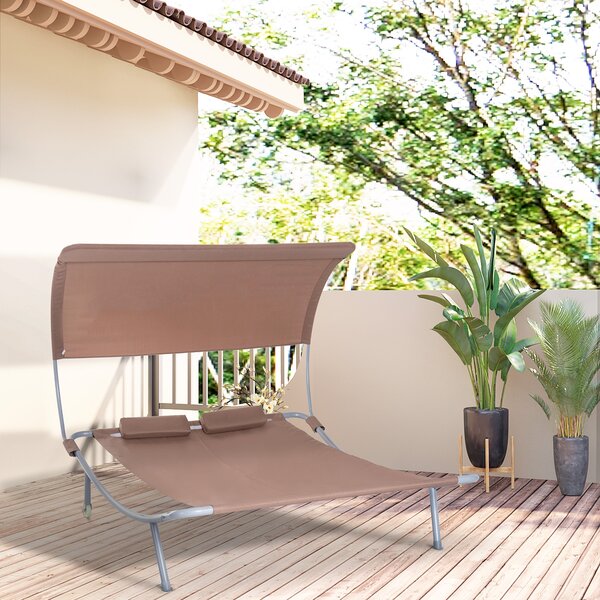 Outsunny Lettino Prendisole 2 Posti Design Contemporaneo Tetto Regolabile 2 Ruote 2 Cuscini Acciaio Epoxy Poliestere Marrone scuro