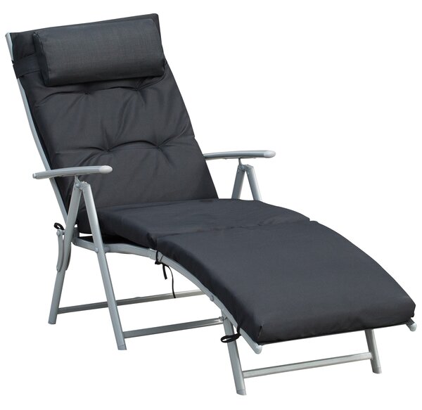 Outsunny Lettino Prendisole Pieghevole con Schienale Reclinabile 7 Posizioni Poltrona Relax con Materasso + Braccioli Metallo Epossidico Textilene Poliestere Nero