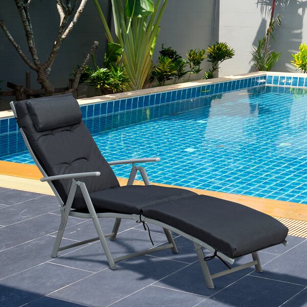 Outsunny Lettino Prendisole Pieghevole con Schienale Reclinabile 7 Posizioni Poltrona Relax con Materasso + Braccioli Metallo Epossidico Textilene Poliestere Nero