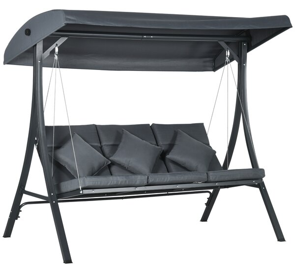 Outsunny Dondolo da Giardino 3 Posti con Tettuccio Parasole Regolabile, Dondolo da Esterno con Cuscini Imbottiti in Poliestere, Portata 320 kg, 202x115x168 cm, Grigio Scuro | Aosom Italy
