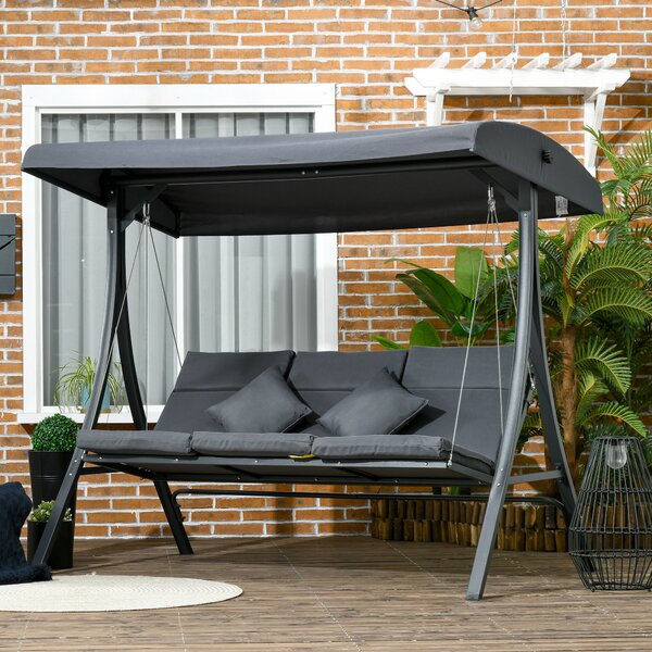 Outsunny Dondolo da Giardino 3 Posti con Tettuccio Parasole Regolabile, Dondolo da Esterno con Cuscini Imbottiti in Poliestere, Portata 320 kg, 202x115x168 cm, Grigio Scuro | Aosom Italy