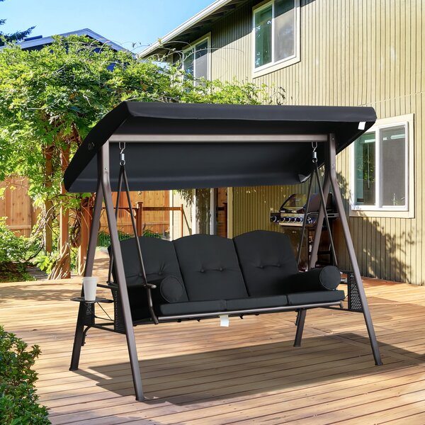 Outsunny Altalena da Giardino 3 Posti con Tetto Inclinazione Regolabile e Schienale ergonomico, Cuscini, Vassoi Retrattili, Nero | Aosom Italy