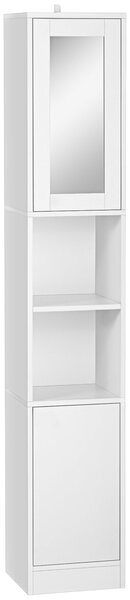 Colonna Bagno Salvaspazio con Specchio e Apertura a Pressione 30x28x170 cm in Legno Bianco
