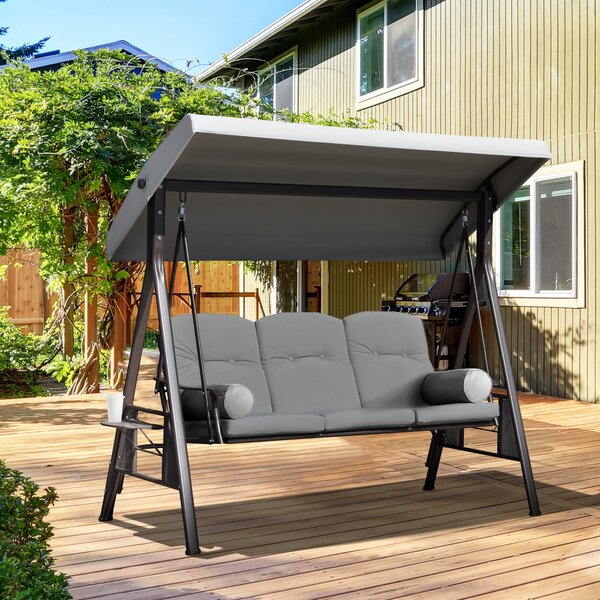 Outsunny Dondolo da Giardino 3 Posti con Tetto Regolabile, Portabicchieri e Cuscini, 208x121x172 cm, Grigio Chiaro | Aosom Italy