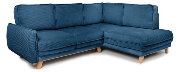Divano angolare blu allungabile (con penisola a destra) con rivestimento in velluto a coste Tori – Bonami Selection
