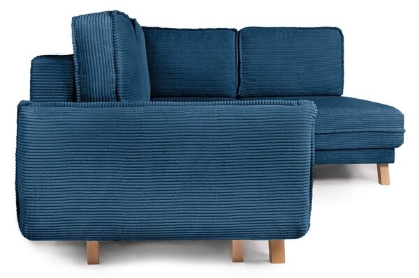 Divano angolare blu allungabile (con penisola a destra) con rivestimento in velluto a coste Tori – Bonami Selection