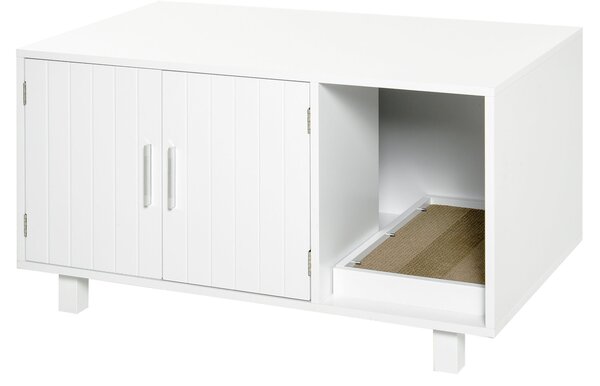 Mobile Lettiera per Gatti 91x52x50,5 cm 2 Ante con Tiragraffi Bianca