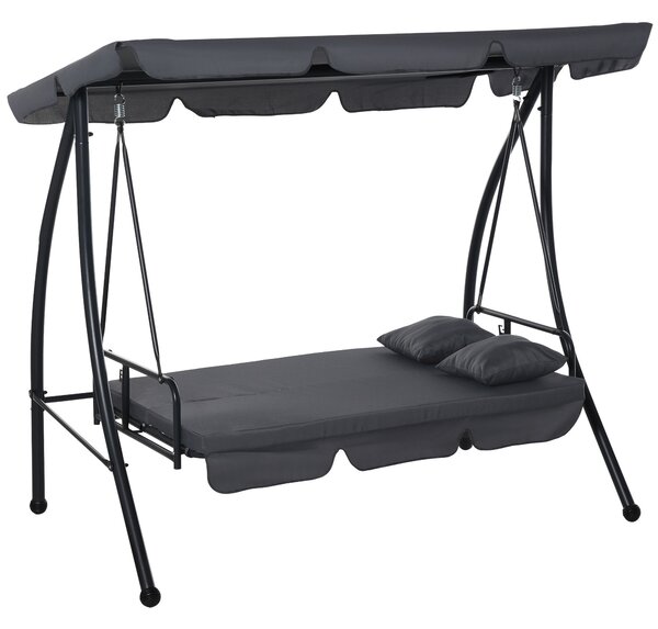 Outsunny Altalena da Giardino Convertibile a 3 Posti Grand Comfort con Tetto Regolabile Materasso Incluso 2L x 1,25l x 1,7H m Metallo Poliestere Nero Antracite