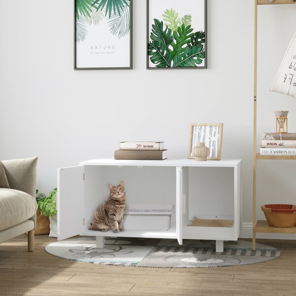 Mobile Lettiera per Gatti 91x52x50,5 cm 2 Ante con Tiragraffi Bianca