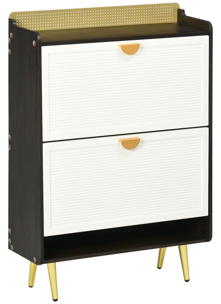 Scarpiera 12 Paia di Scarpe 70x23x101 cm 2 Cassetti e Mensola Bianco Noce e Oro