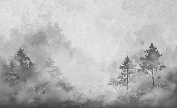 Carta da parati murale Immagine in bianco e nero di alberi e cespugli, Carta da parati popolare, Carta da parati popolare, w08862v1 - Muralas.it