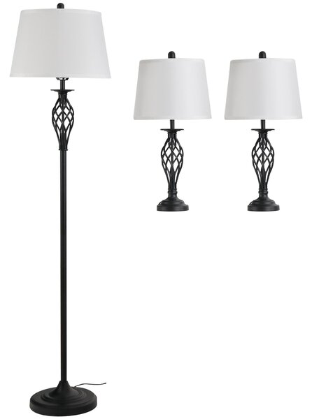 Set Lampada da Terra e 2 Lampade da Tavolo in Metallo E27 Nero e Bianco