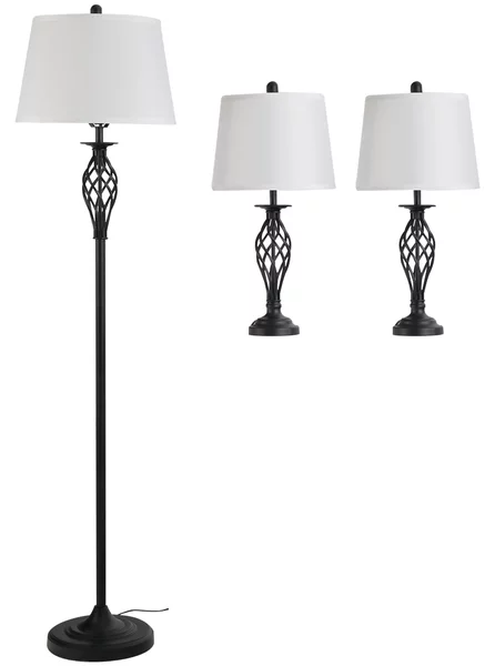 Set Lampada da Terra e 2 Lampade da Tavolo in Metallo E27 Nero e Bianco