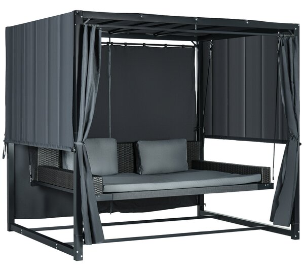 Dondolo Lettino con Pergola da Giardino 235x180x210 cm in Acciaio e Rattan PE Grigio Scuro