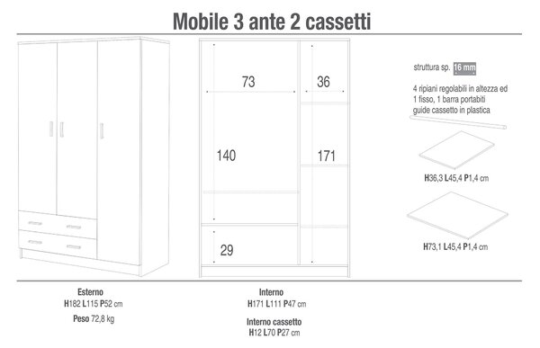 Armadio 3 Ante 2 Cassetti 115x182x52 cm Bianco Lisco