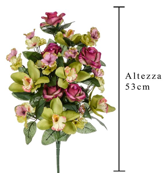 Set 2 Bouquet Artificiale Frontale di Rose e Cymbidium Altezza 53 cm Marrone/Ciliegia/Bordeaux