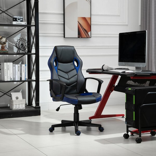 Sedia da Gaming Girevole Reclinabile in Similpelle Nera e Blu