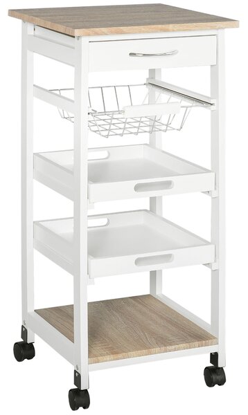 Carrello da Cucina 37x37x82 cm 3 Ripiani 1 Cesta in Legno Bianco