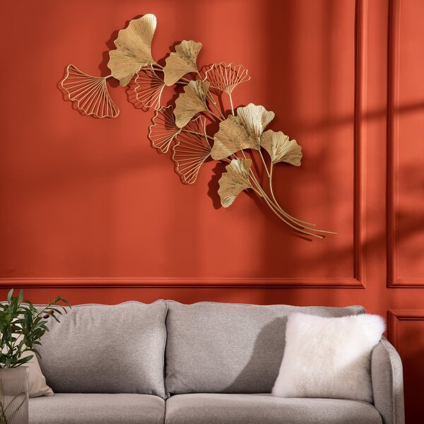 Decorazione Murale 3D 138x70 cm in Metallo Wall Art Dorata con Foglie di Ginkgo