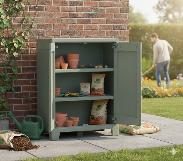 Armadio da Giardino 2 Ripiani 80x44x100 cm Keter Planet Outdoor Basso Grigio e Verde